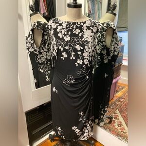 Chaps Black and White Floral Print Sleeveless Dress, Lined, Size Large